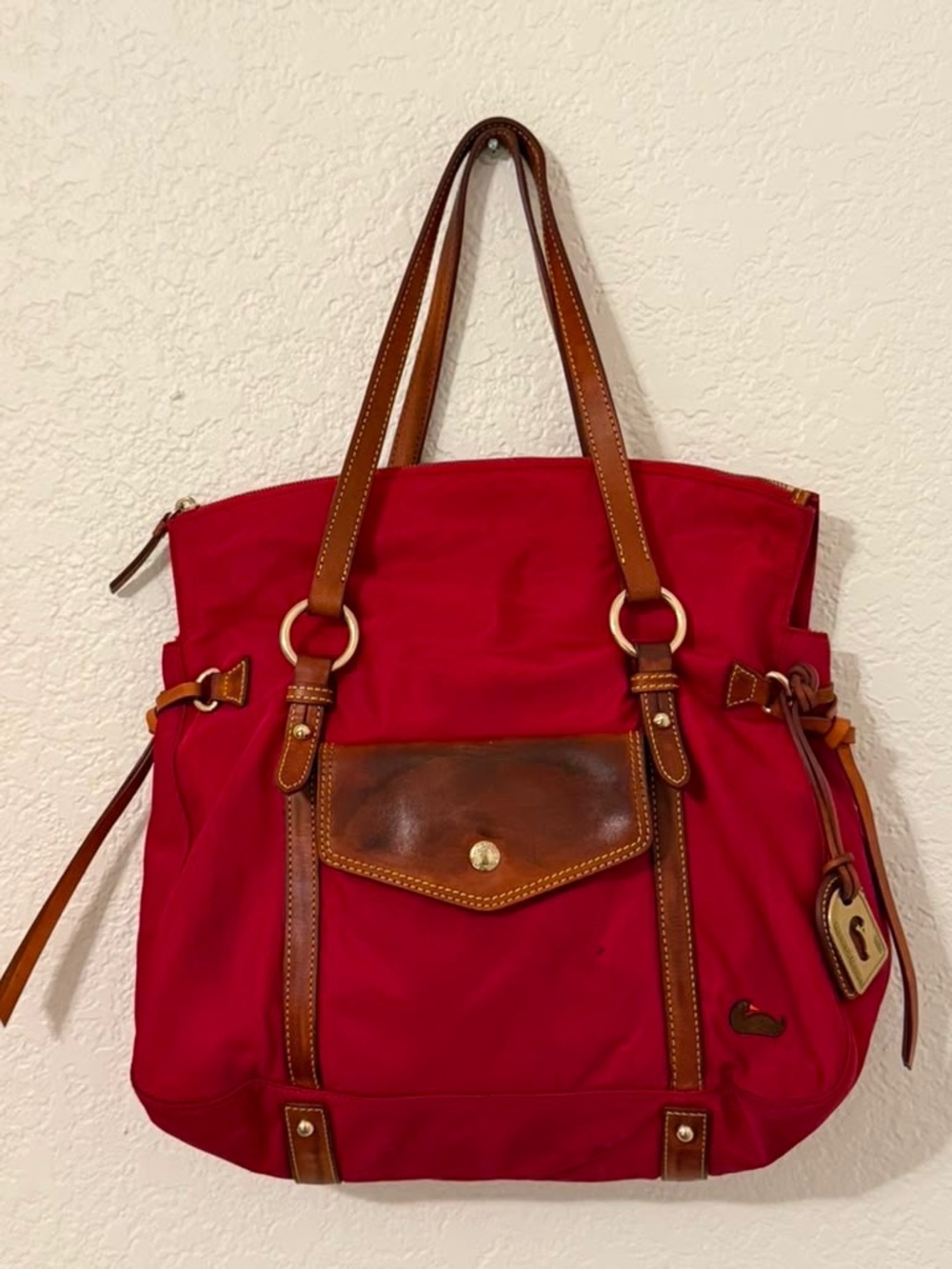 Dooney & Bourke Red Nylon Tote Bag Brown Leather Trim Large Shoulder Purse